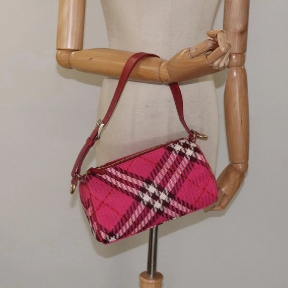 BURBERRY Nova Check Blue Label Hand Bag Canvas Pink Gold Auth - Picture 1 of 16